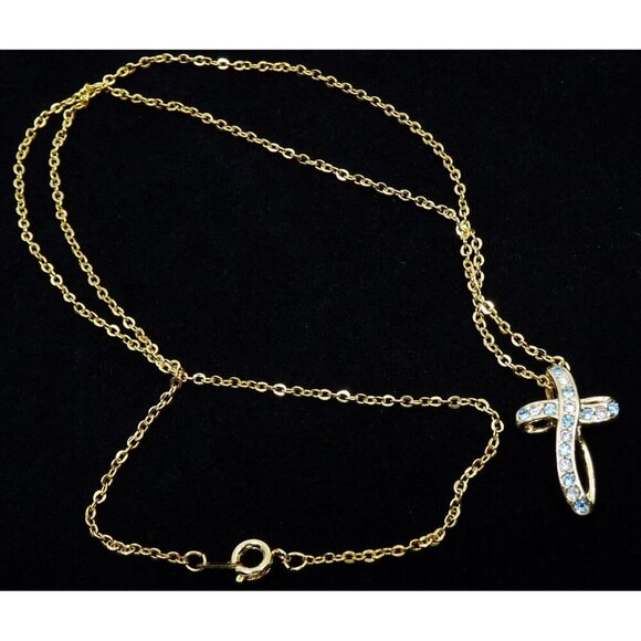 Beautiful Cross Chain Necklace Light Blue White Stones Goldtone - Picture 4 of 4